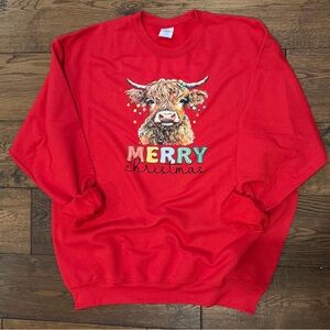Oversized Red Christmas Sweater with Highland Cow Design, Size XL festive